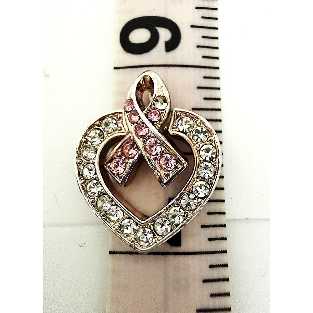 Anne Klein Heart Pink Ribbon Rhinestone Pendant Breast Cancer Awareness Goldtone